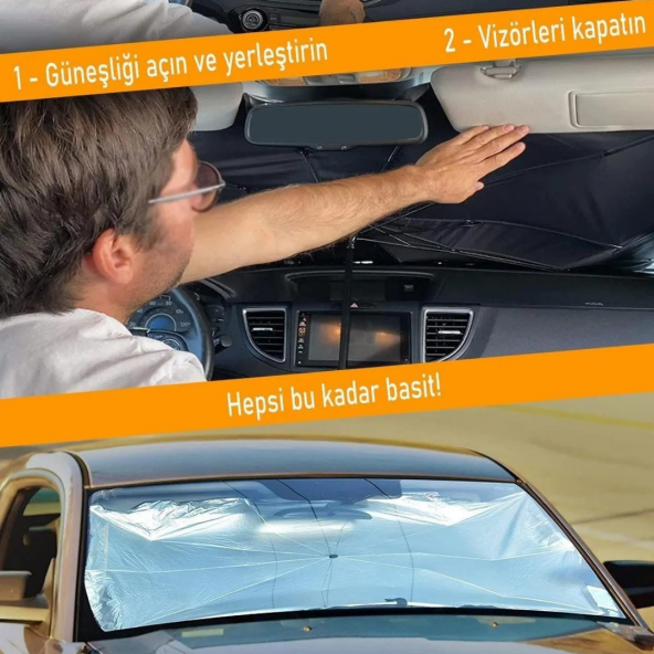 Oto Katlanabilir Güneşlik Şemsiye Ön Cam Gölgelik Özel Esnek Saplı Güneş Koruyucu 132 cm x 77 cm - 9