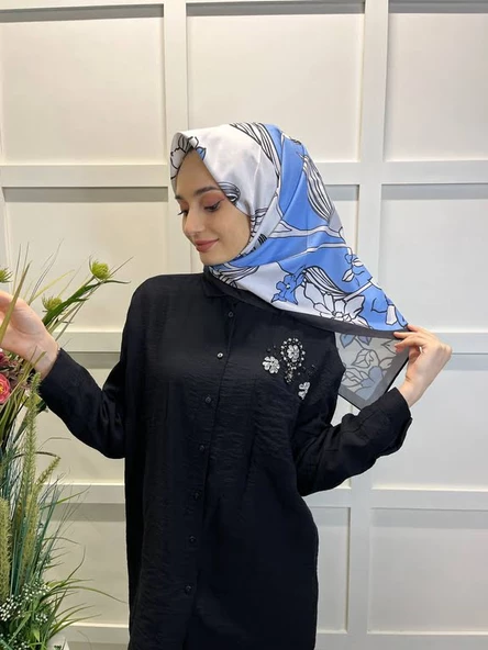 Eflatun Scarf Dijital Baskı Tomurcuk Desen Rayon Eşarp 00749  AÇIK MAVİ - Resim 3