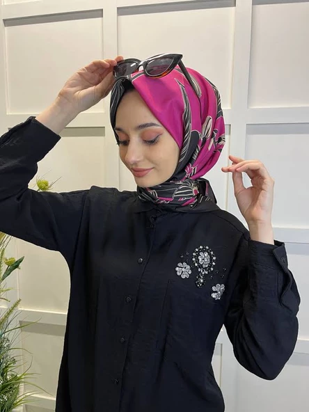 Eflatun Scarf Dijital Baskı Tomurcuk Desen Rayon Eşarp 00749  PEMBE - Resim 3