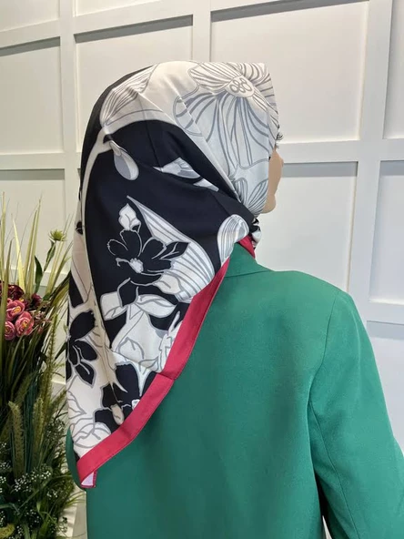 Eflatun Scarf Dijital Baskı Tomurcuk Desen Rayon Eşarp 00749  SİYAH KIRMIZI - Resim 2