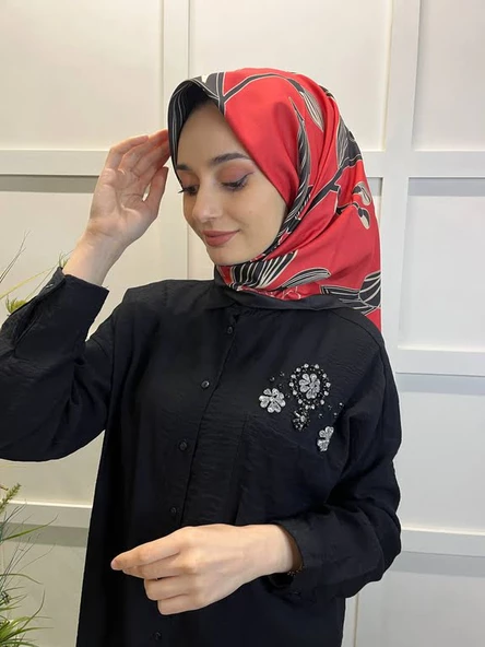 Eflatun Scarf Dijital Baskı Tomurcuk Desen Rayon Eşarp 00749  KIRMIZI - 3