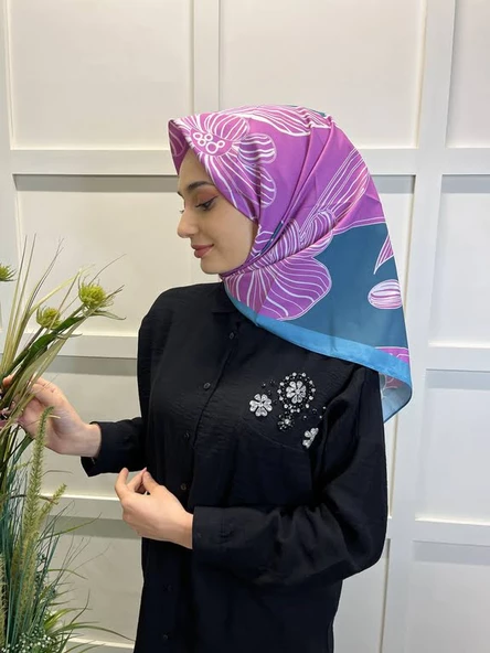 Eflatun Scarf Dijital Baskı Tomurcuk Desen Rayon Eşarp 00749  MENTOL - 3