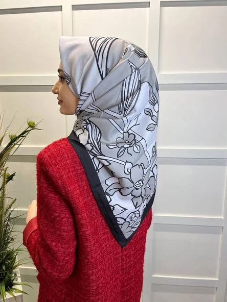 Eflatun Scarf Dijital Baskı Tomurcuk Desen Rayon Eşarp 00749  FÜME