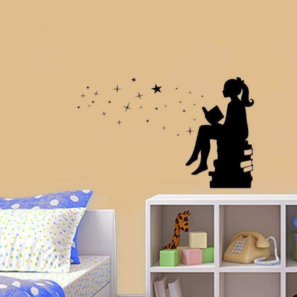 Yıldızlı Bir Gecede Kitap Okuyan Kız Çocuğu Silüeti Dekoratif Çocuk Odası Duvar Sticker, Çıkartma