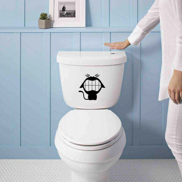 Dişlerini Sıkan Kedi Suratı Silüeti Klozet Dekoratif Sticker, Banyo, Duvar Çıkartma