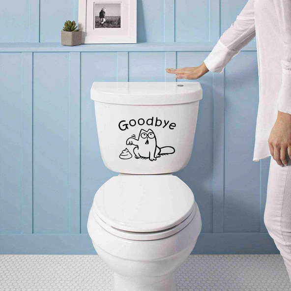 Goodbye Yazılı Şaşkın Kedi Suratı Silüeti Klozet Dekoratif Sticker, Banyo, Duvar Çıkartma