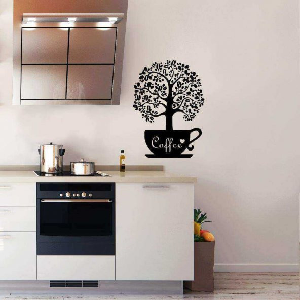 Coffee - Kahve Fincanı Üzerinde Yapraklı Ağaç Silüet Tasarımlı Dekoratif Mutfak Duvar Sticker, Çıka