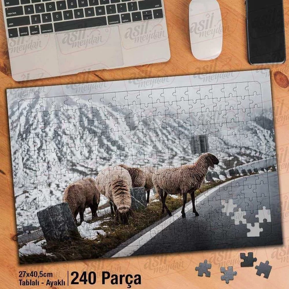 Asil Hobi Koyun - Kuzu - Yol - Karlı Dağ - Manzara Yapboz -Ayak Destekli Çerçeveli 240 Parça Puzzle