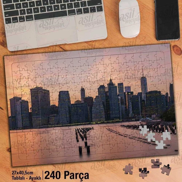 Asil Hobi New York City - Kızıl Gökyüzü - Binalar Yapboz -Ayak Destekli Çerçeveli 240 Parça Puzzle