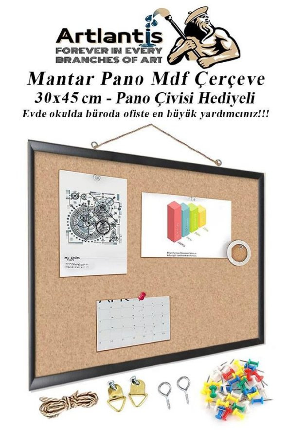 Mantar Pano Mdf Çerçeve 30x45 cm 1 Adet Harita Çivisi Hediyeli Duvara Monte Mantar Çerçeve Evde Okulda Büroda Ofiste