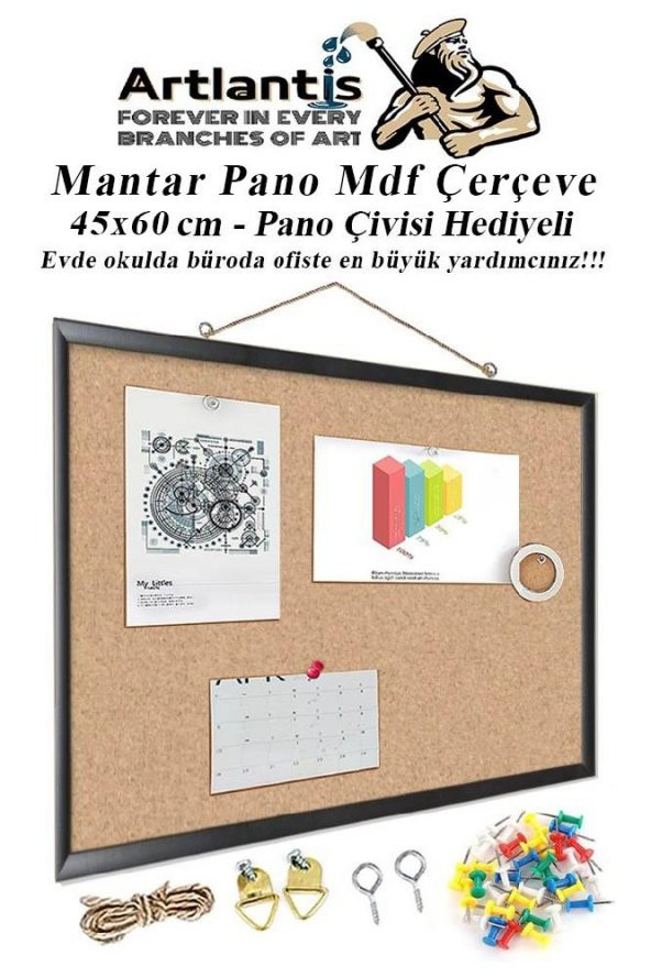 Mantar Pano Mdf Çerçeve 45x60 cm 1 Adet Harita Çivisi Hediyeli Duvara Monte Mantar Çerçeve Evde Okulda Büroda Ofiste