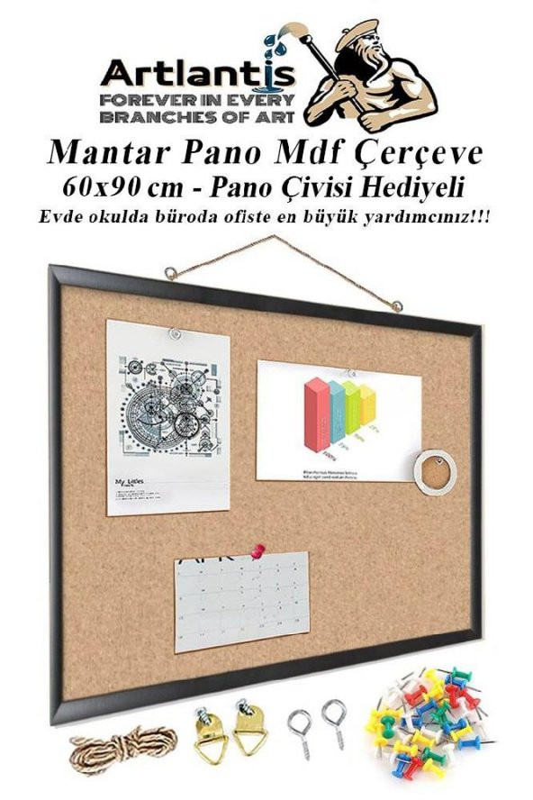 Mantar Pano Mdf Çerçeve 60x90 cm 1 Adet Harita Çivisi Hediyeli Duvara Monte Mantar Çerçeve Evde Okulda Büroda Ofiste