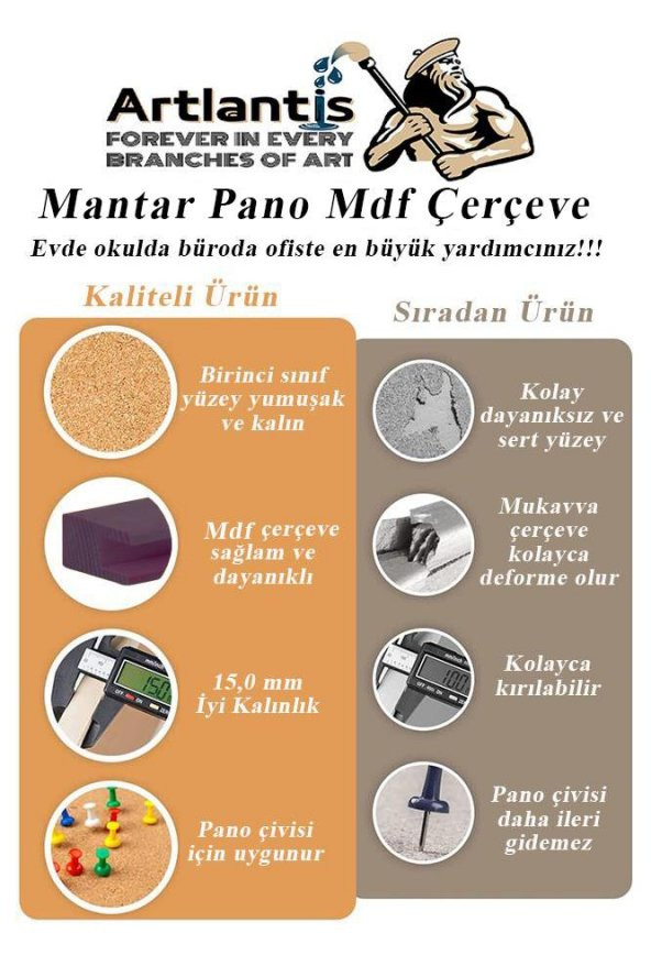 Mantar Pano Mdf Çerçeve 60x90 cm 1 Adet Harita Çivisi Hediyeli Duvara Monte Mantar Çerçeve Evde Okulda Büroda Ofiste - 3