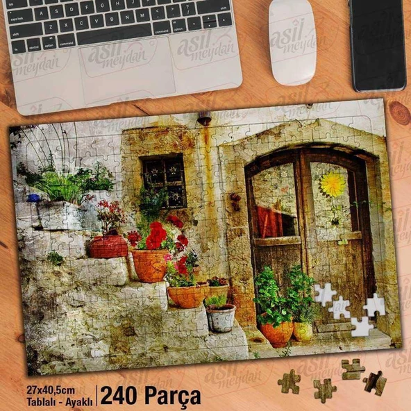 Asil Hobi Merdivenlerdeki Saksılar - Çiçek Yapboz -Ayak Destekli Çerçeveli 240 Parça Puzzle