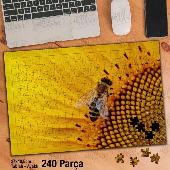 Asil Hobi Sarı Ay Çiçeği -Arı -Zoom -Çiçek -Doğa Yapboz - Ayak Destekli Çerçeveli 240 Parça Puzzle