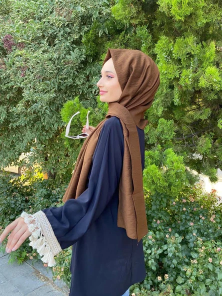Siyane Scarf Kendinden Kırışık Kumaş Tek Renk Jazz Şal 00516  KAHVERENGİ ürün görseli