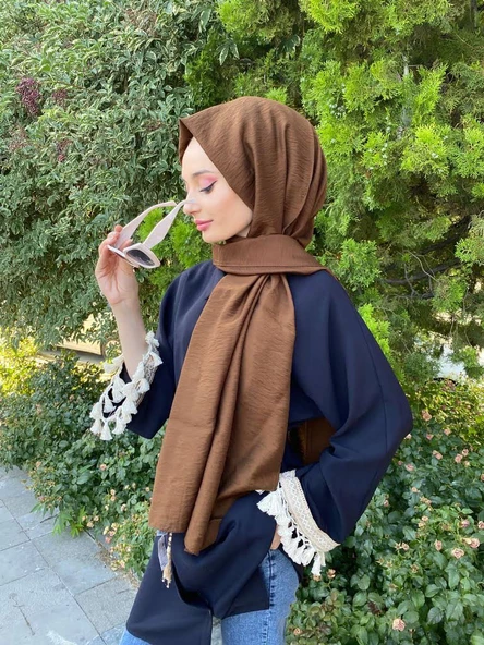 Siyane Scarf Kendinden Kırışık Kumaş Tek Renk Jazz Şal 00516  KAHVERENGİ - Resim 2