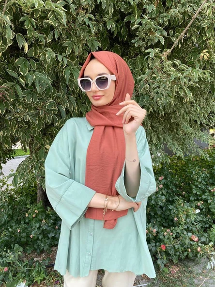 Siyane Scarf Kendinden Kırışık Kumaş Tek Renk Jazz Şal 00516  KİREMİT - 1