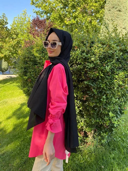 Siyane Scarf Kendinden Kırışık Kumaş Tek Renk Jazz Şal 00516 SİYAH