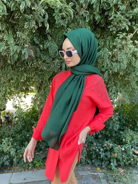 Siyane Scarf Kendinden Kırışık Kumaş Tek Renk Jazz Şal 00516  ZÜMRÜT - Resim 2