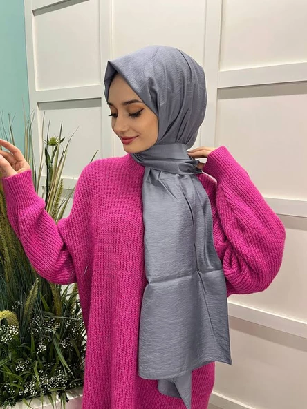 Siyane Scarf Kendinden Kırışık Kumaş Tek Renk Jazz Şal 00516  GRİ - Resim 3