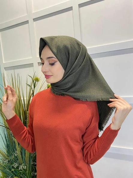 Sarar Hint Kaşmiri Kendinden Desenli Tek Renk Eşarp SRRHNTKSMR  HAKİ - 2