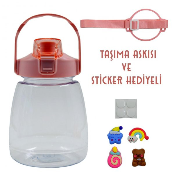 BottleBoss Taşıma Askılı Pipetli Şeffaf Matara 1200 Ml Sticker HEDİYELİ Pembe - 2