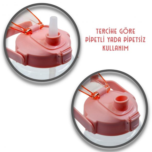 BottleBoss Taşıma Askılı Pipetli Şeffaf Matara 1200 Ml Sticker HEDİYELİ Pembe - 4