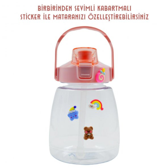 BottleBoss Taşıma Askılı Pipetli Şeffaf Matara 1200 Ml Sticker HEDİYELİ Pembe - 5