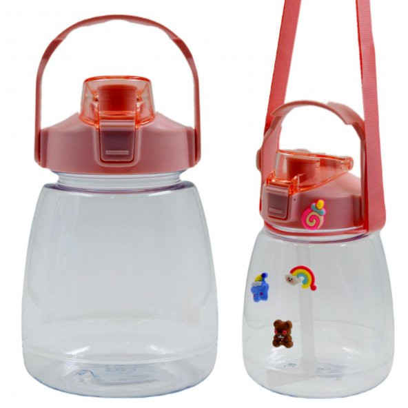 BottleBoss Taşıma Askılı Pipetli Şeffaf Matara 1200 Ml Sticker HEDİYELİ Pembe - 6