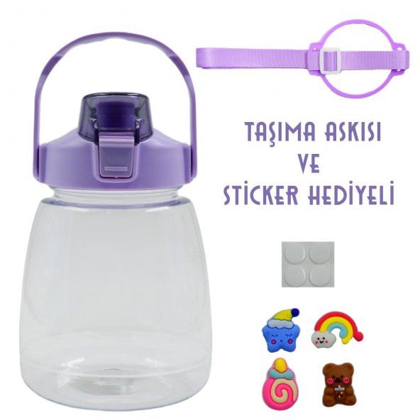 BottleBoss Taşıma Askılı Pipetli Şeffaf Matara 1200 Ml Sticker HEDİYELİ Mor - 2
