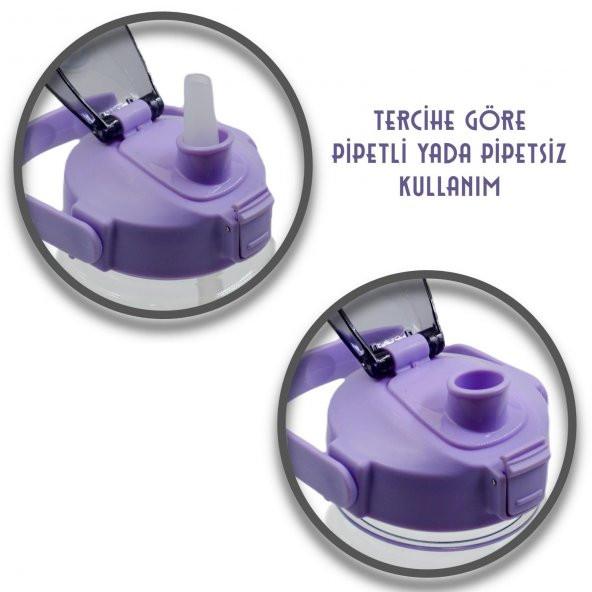 BottleBoss Taşıma Askılı Pipetli Şeffaf Matara 1200 Ml Sticker HEDİYELİ Mor - 4