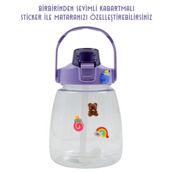 BottleBoss Taşıma Askılı Pipetli Şeffaf Matara 1200 Ml Sticker HEDİYELİ Mor - 5