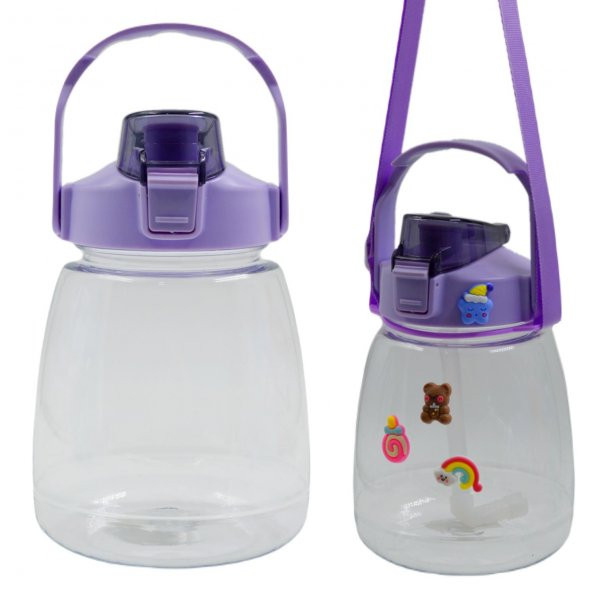 BottleBoss Taşıma Askılı Pipetli Şeffaf Matara 1200 Ml Sticker HEDİYELİ Mor - 6