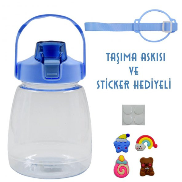 BottleBoss Taşıma Askılı Pipetli Şeffaf Matara 1200 Ml Sticker HEDİYELİ Mavi - 2