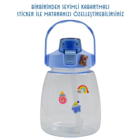 BottleBoss Taşıma Askılı Pipetli Şeffaf Matara 1200 Ml Sticker HEDİYELİ Mavi - 5