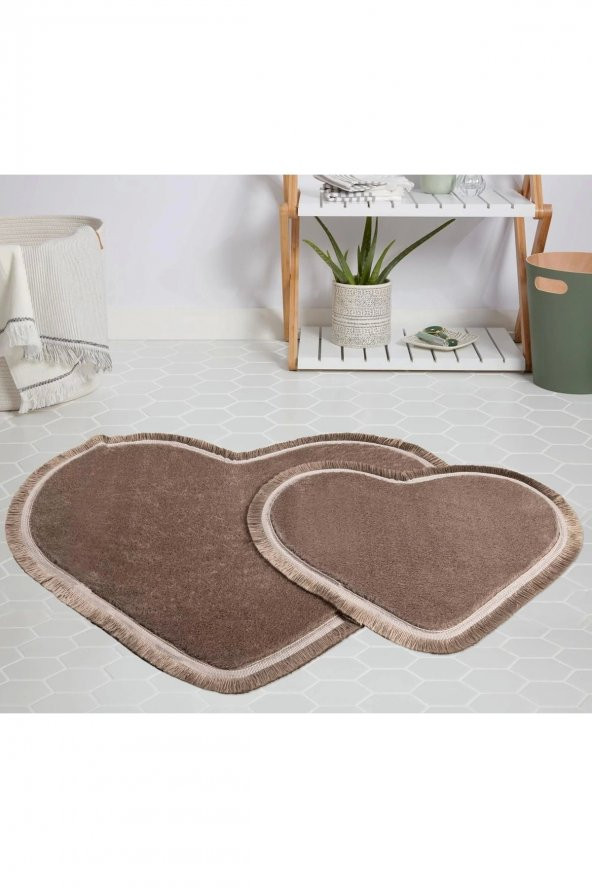 Orkide Home Modern Dekoratif Halı Jel Kaymaz Taban Peluş Puffy Kalp Model VİZON Saçaklı Paspas Takım