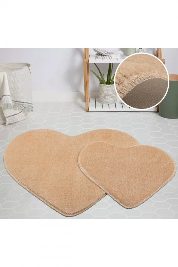Orkide Home Modern Dekoratif Halı Jel Kaymaz Taban Peluş Puffy Kalp Model Cappıcıno  Paspas Takımı 7