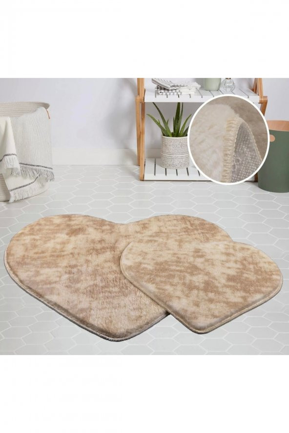 Orkide Home Modern Dekoratif Halı Jel Kaymaz Taban Peluş Puffy Kalp Model Bej  Paspas Takımı 70x100-