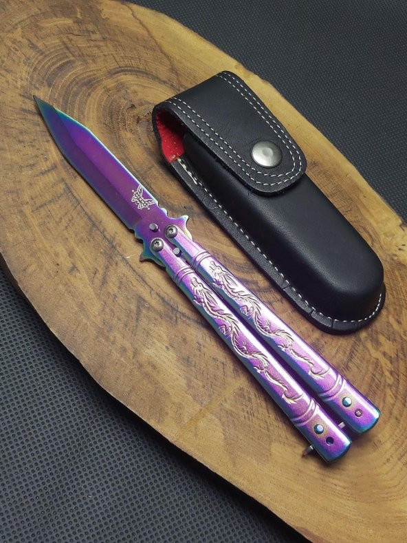 21 cm Gökkuşağı Çelik Kelebek Kılıflı Çakı Set