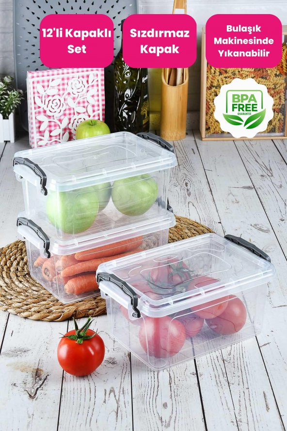 12li Kilit Kapaklı Buzdolabı Organizer Ve Yemek Erzak Saklama Kabı Seti 1.75 Lt - 1