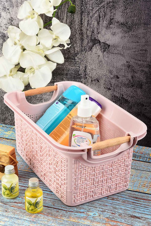 Woow Desen Ahşap Saplı Çok Amaçlı Organizer Sepet 7 LT - Pudra