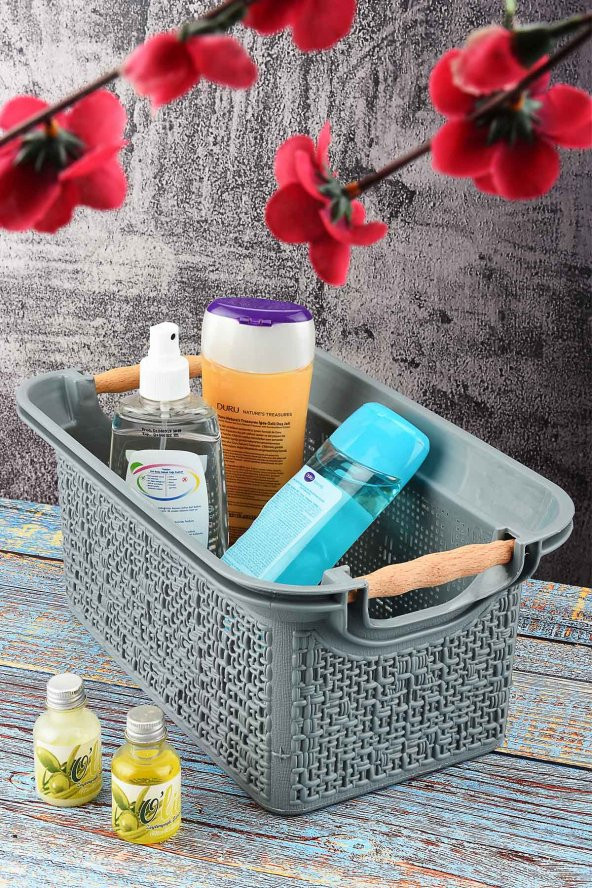 Woow Desen Ahşap Saplı Çok Amaçlı Organizer Sepet 7 LT - Antrasit
