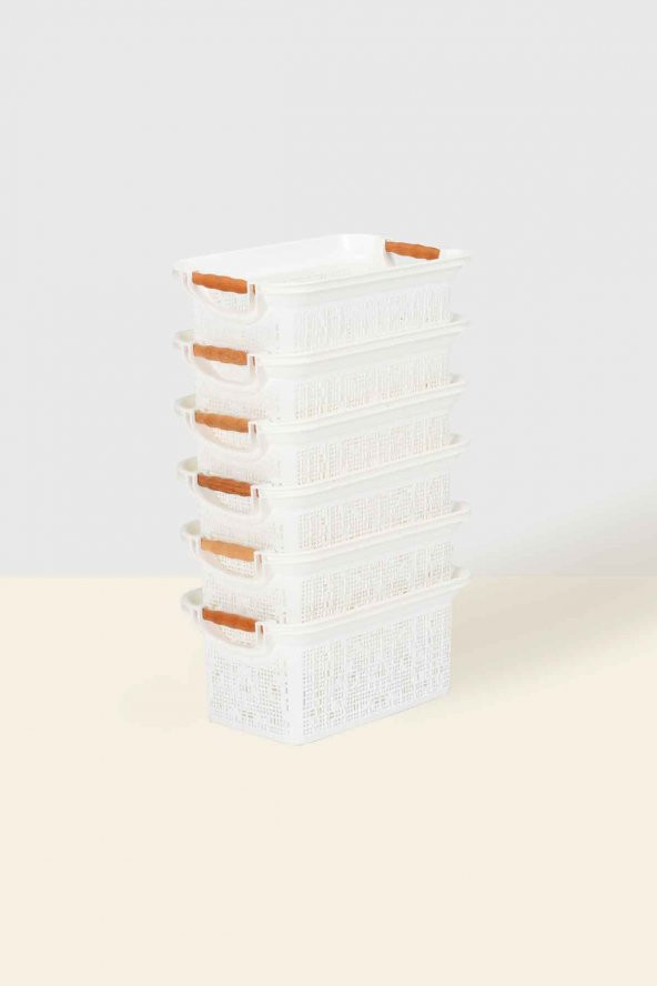 Woow Desen Ahşap Saplı 6lı Çok Amaçlı Organizer Sepet 7 LT - Beyaz