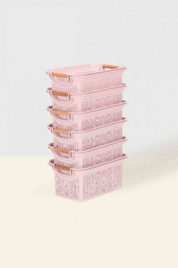 Woow Desen Ahşap Saplı 6lı Çok Amaçlı Organizer Sepet 7 LT - Pudra