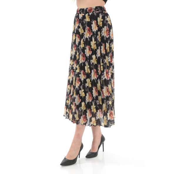 SORALLİNE KADIN PLİSOLEY ETEK 786 ŞİFON EMPİRME GÜL - 2