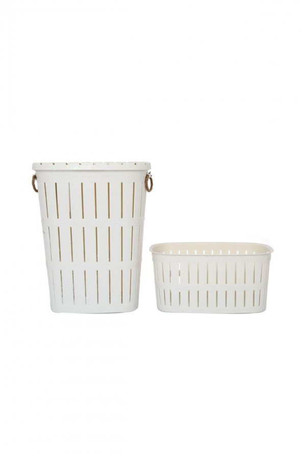 Bambu Ahşap Görünümlü Halatlı Kirli Sepeti Ve Çamaşır Sepeti - Plastik Sepet Krem