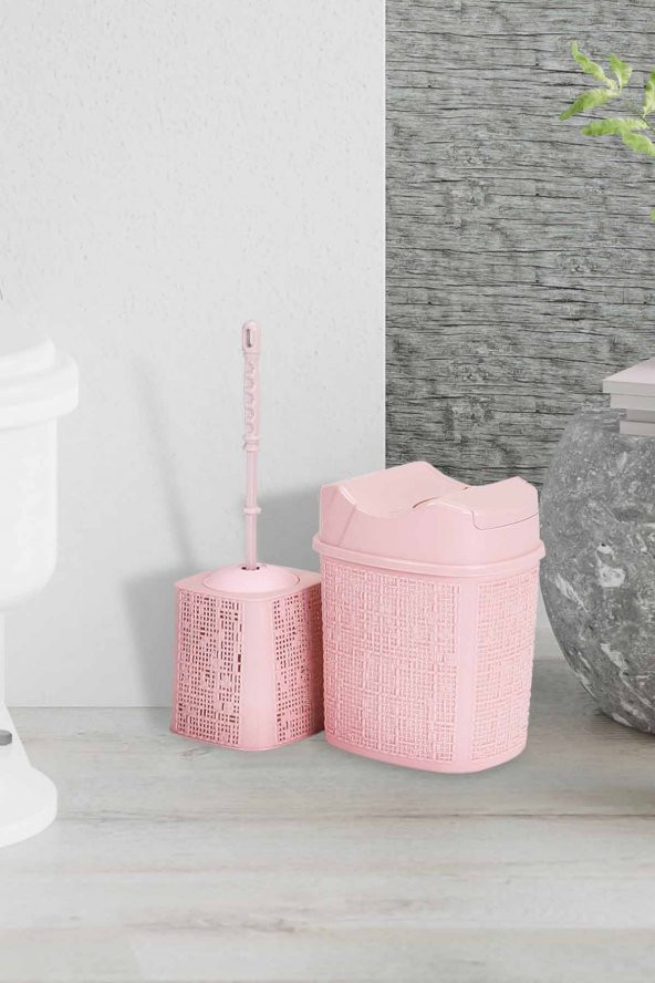 Woow Desen Antrasit Çöp Kovası Ve Wc Fırçası 2li Banyo Seti 5.5 Lt - Pudra