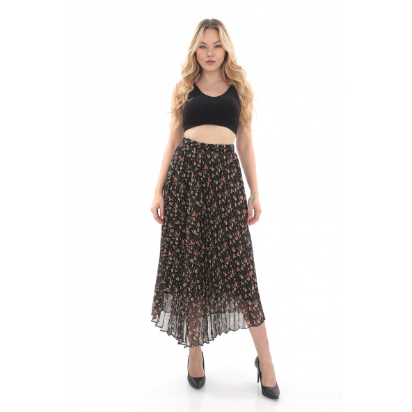 SORALLİNE KADIN PLİSOLEY ETEK 786 ŞİFON EMPİRME ÇİÇEKLİ