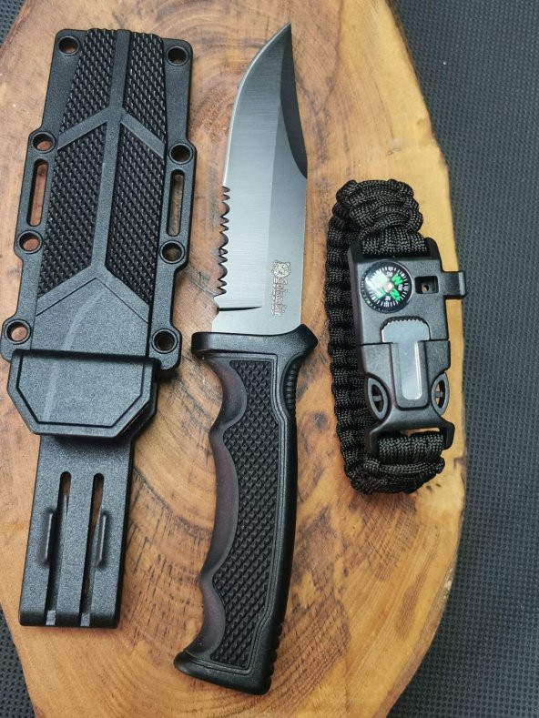İsme Özel 23 cm Sert Kılıflı Avcı Bıçağı ve İpli Pusula Bileklik